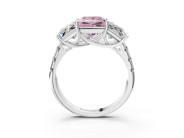 White gold Three-Stone Fancy Pink Princess Cut Diamond Pavé Band with Prong Setting