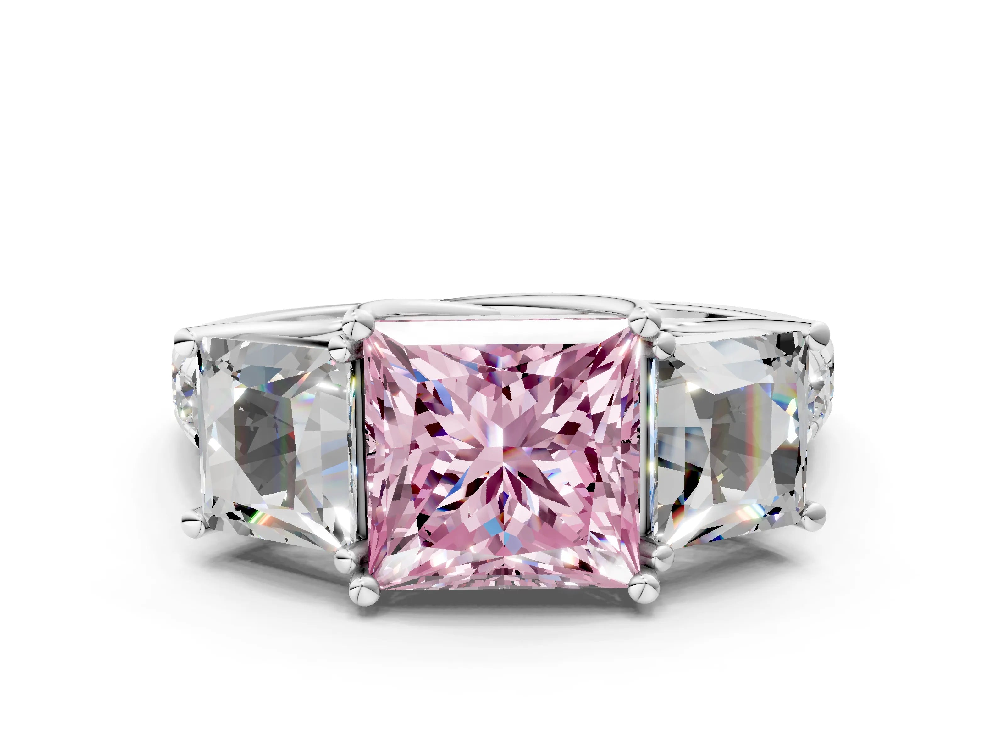 White gold Three-Stone Fancy Pink Princess Cut Diamond Pavé Band with Prong Setting