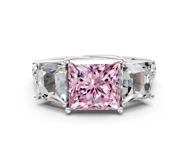 White gold Three-Stone Fancy Pink Princess Cut Diamond Pavé Band with Prong Setting