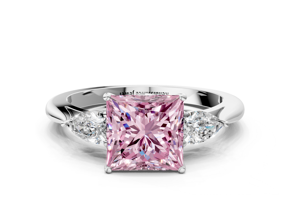 White gold Three-Stone Fancy Pink Princess  Cut Diamond Ring with Pear Side Stones in Four-Prong Setting