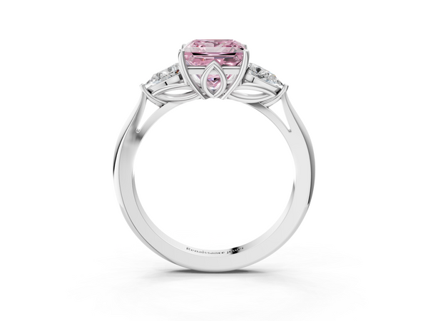 White gold Three-Stone Fancy Pink Princess  Cut Diamond Ring with Pear Side Stones in Four-Prong Setting
