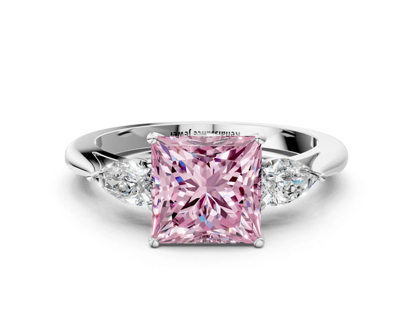 White gold Three-Stone Fancy Pink Princess Cut Diamond Ring with Pear  Side Stones in Four-Prong Setting