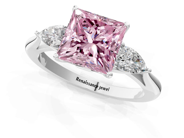 White gold Three-Stone Fancy Pink Princess Cut Diamond Ring with Pear  Side Stones in Four-Prong Setting
