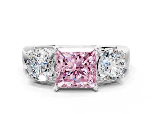 Platinum Three-Stone Fancy Pink Princess Cut Diamond Ring with Round Side Stones, Classic Band, and Four-Prong Setting