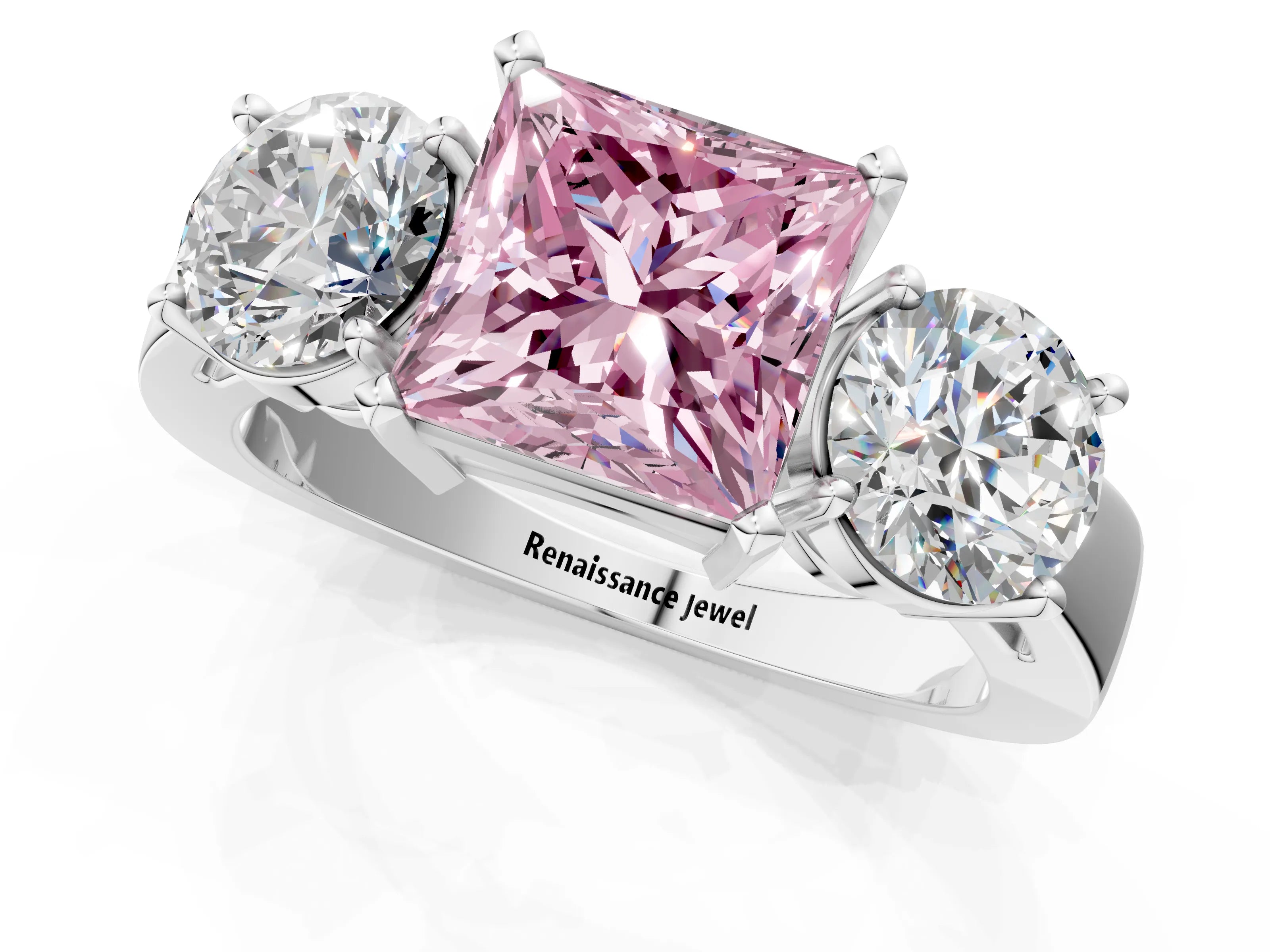 White gold Three-Stone Fancy Pink Princess Cut Diamond Ring with Round Side Stones, Classic Band, and Four-Prong Setting_1
