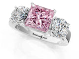 White gold Three-Stone Fancy Pink Princess Cut Diamond Ring with Round Side Stones, Classic Band, and Four-Prong Setting_1