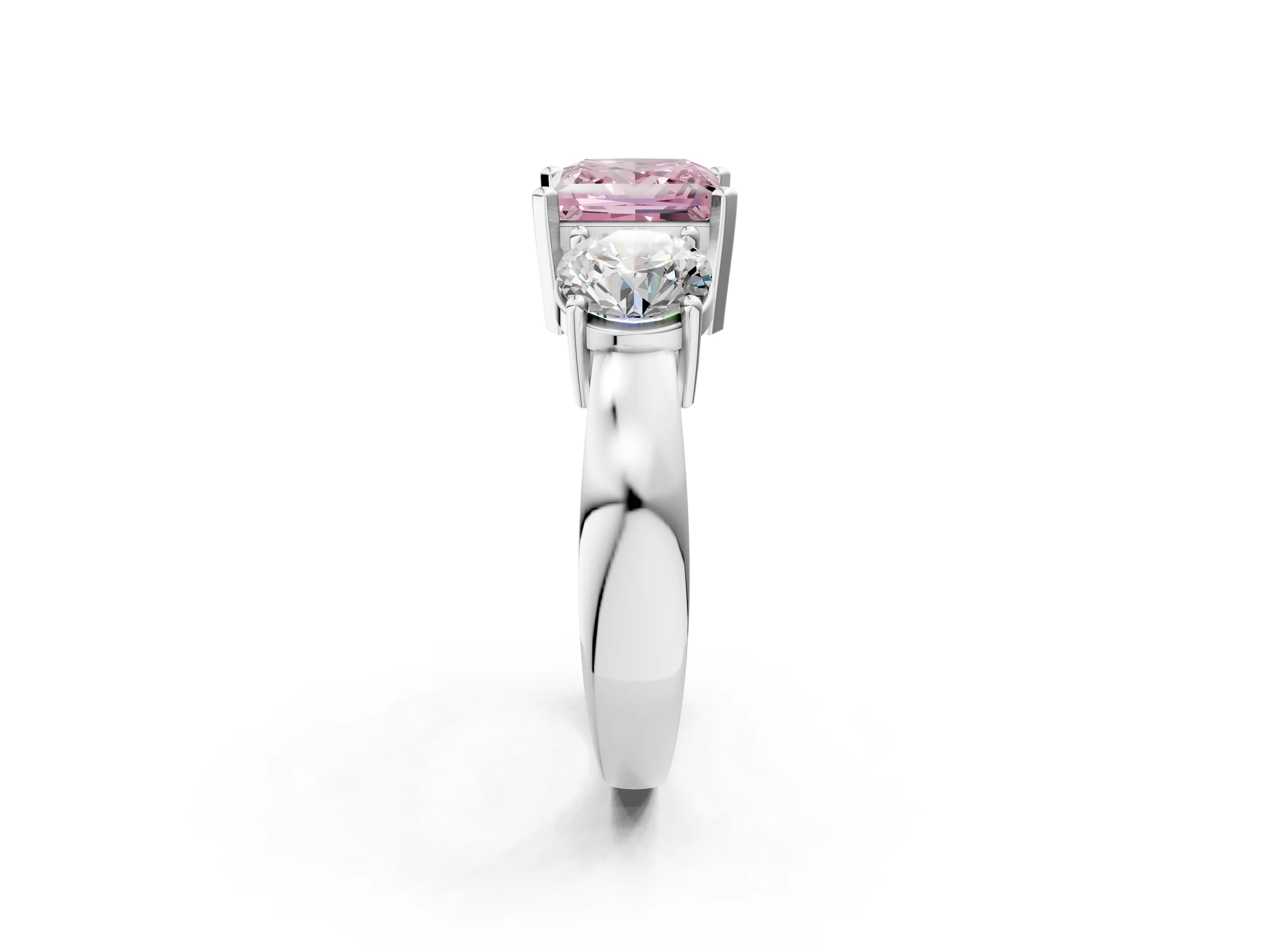 White gold Three-Stone Fancy Pink Princess Cut Diamond Ring with Round Side Stones, Classic Band, and Four-Prong Setting_2