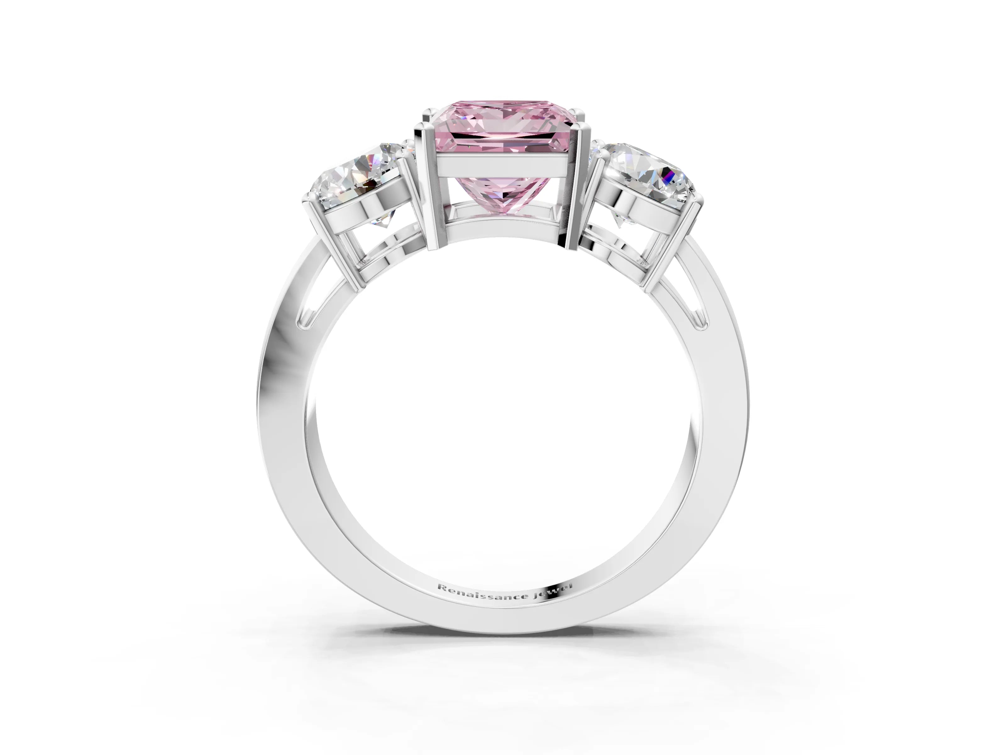 White gold Three-Stone Fancy Pink Princess Cut Diamond Ring with Round Side Stones, Classic Band, and Four-Prong Setting_3