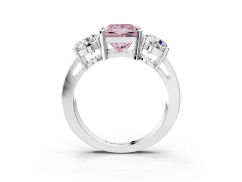 White gold Three-Stone Fancy Pink Princess Cut Diamond Ring with Round Side Stones, Classic Band, and Four-Prong Setting_3