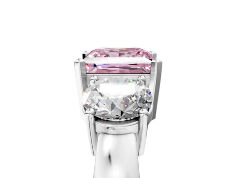 White gold Three-Stone Fancy Pink Princess Cut Diamond Ring with Round Side Stones, Classic Band, and Four-Prong Setting_5