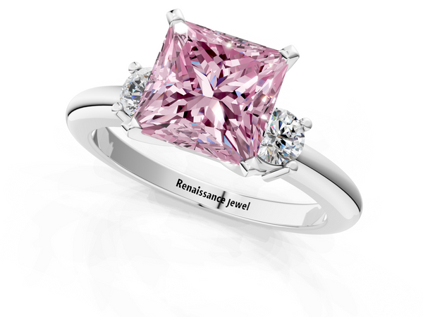 Platinum Three-Stone Fancy Pink Princess  Cut Diamond Solitaire with Prong Setting and Classic Band