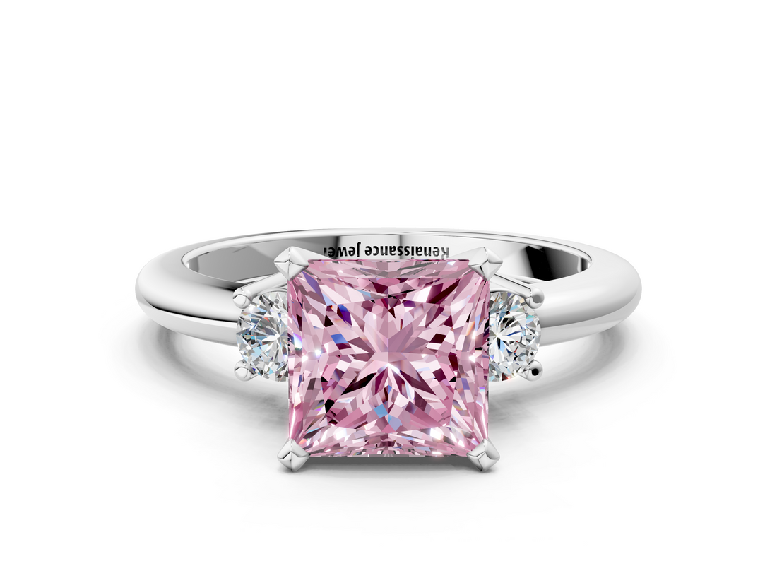 White gold Three-Stone Fancy Pink Princess  Cut Diamond Solitaire with Prong Setting and Classic Band