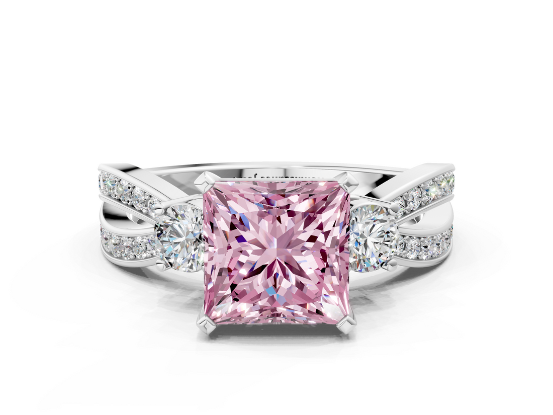 White gold Three-Stone Fancy Pink Princess  Cut Diamond Twist Band with Prong Setting
