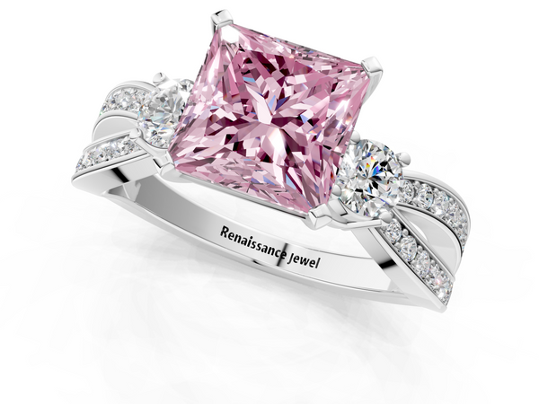 White gold Three-Stone Fancy Pink Princess  Cut Diamond Twist Band with Prong Setting