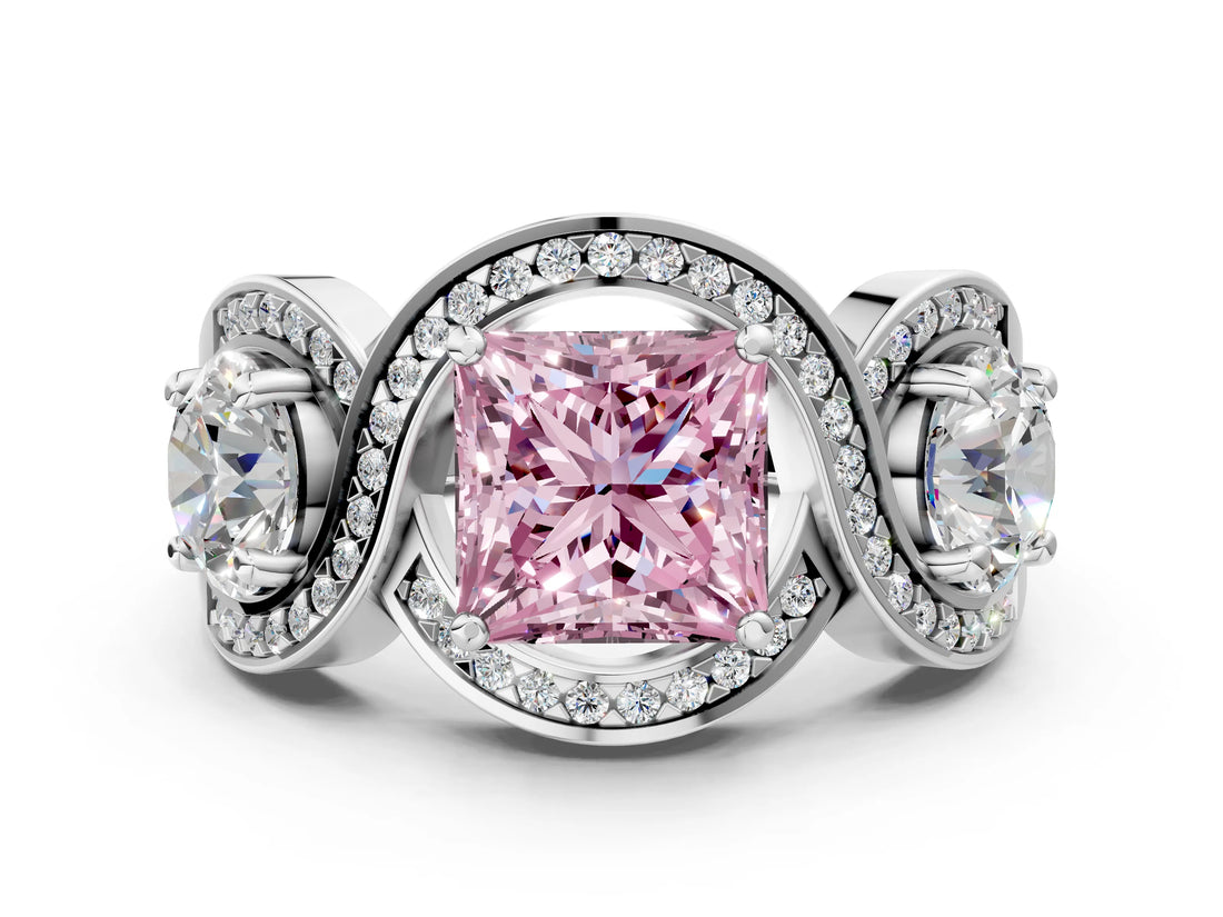 White gold Three-Stone Fancy Pink Princess Cut Diamond Wave Pave Band with Prong Setting