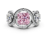 White gold Three-Stone Fancy Pink Princess Cut Diamond Wave Pave Band with Prong Setting