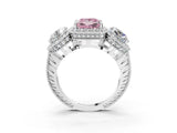 White gold Three-Stone Fancy Pink Princess Cut Halo Diamond Milgrain Band with Four-Prong Setting_3