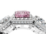White gold Three-Stone Fancy Pink Princess Cut Halo Diamond Milgrain Band with Four-Prong Setting_4
