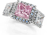 White gold Three-Stone Fancy Pink Princess Cut Halo Diamond Ring with Pave Band and Four-Prong Setting_1