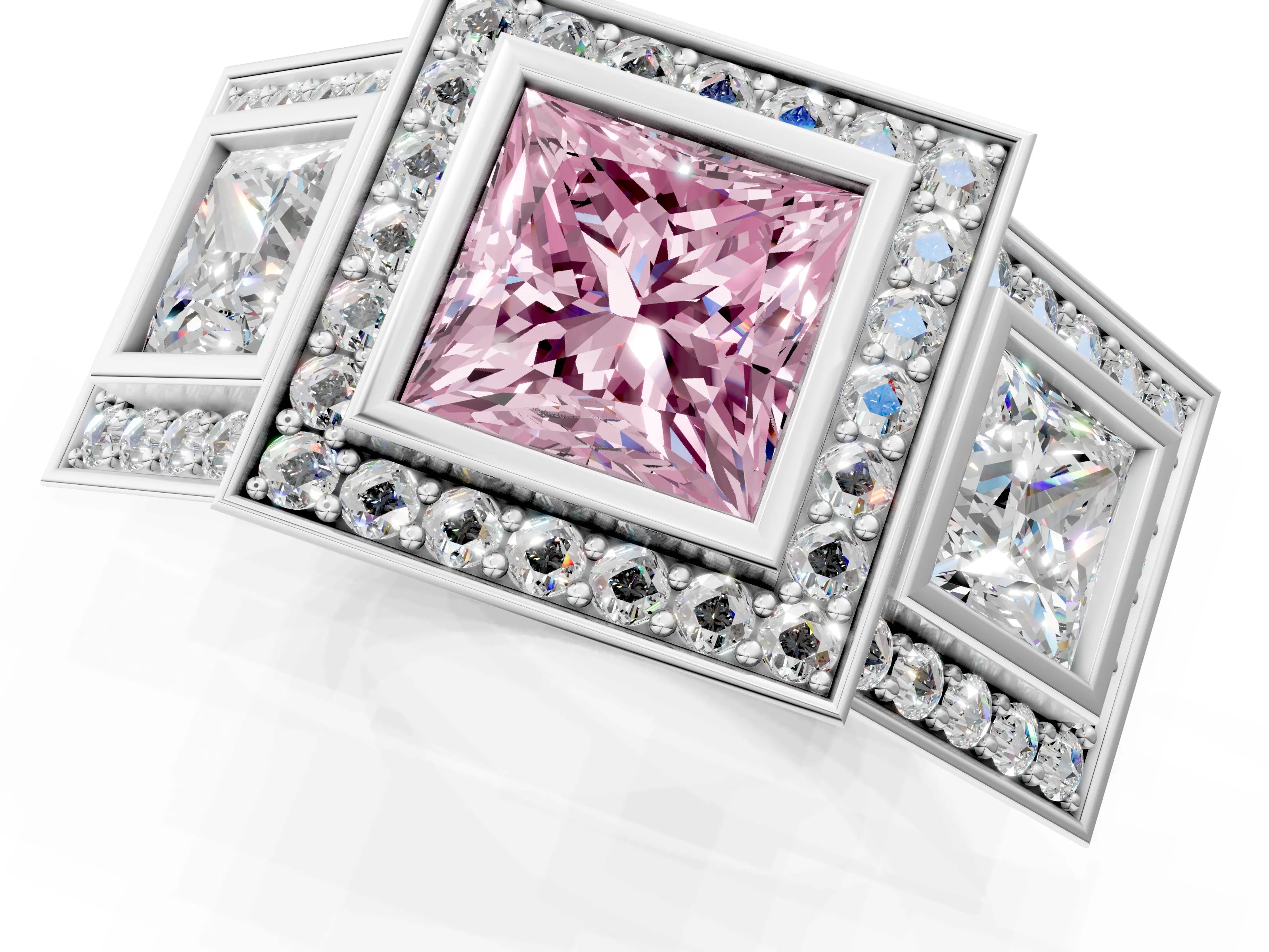 White gold Three-Stone Fancy Pink Princess Cut Halo Pavé Diamond Ring_1