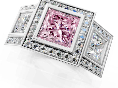 White gold Three-Stone Fancy Pink Princess Cut Halo Pavé Diamond Ring_1