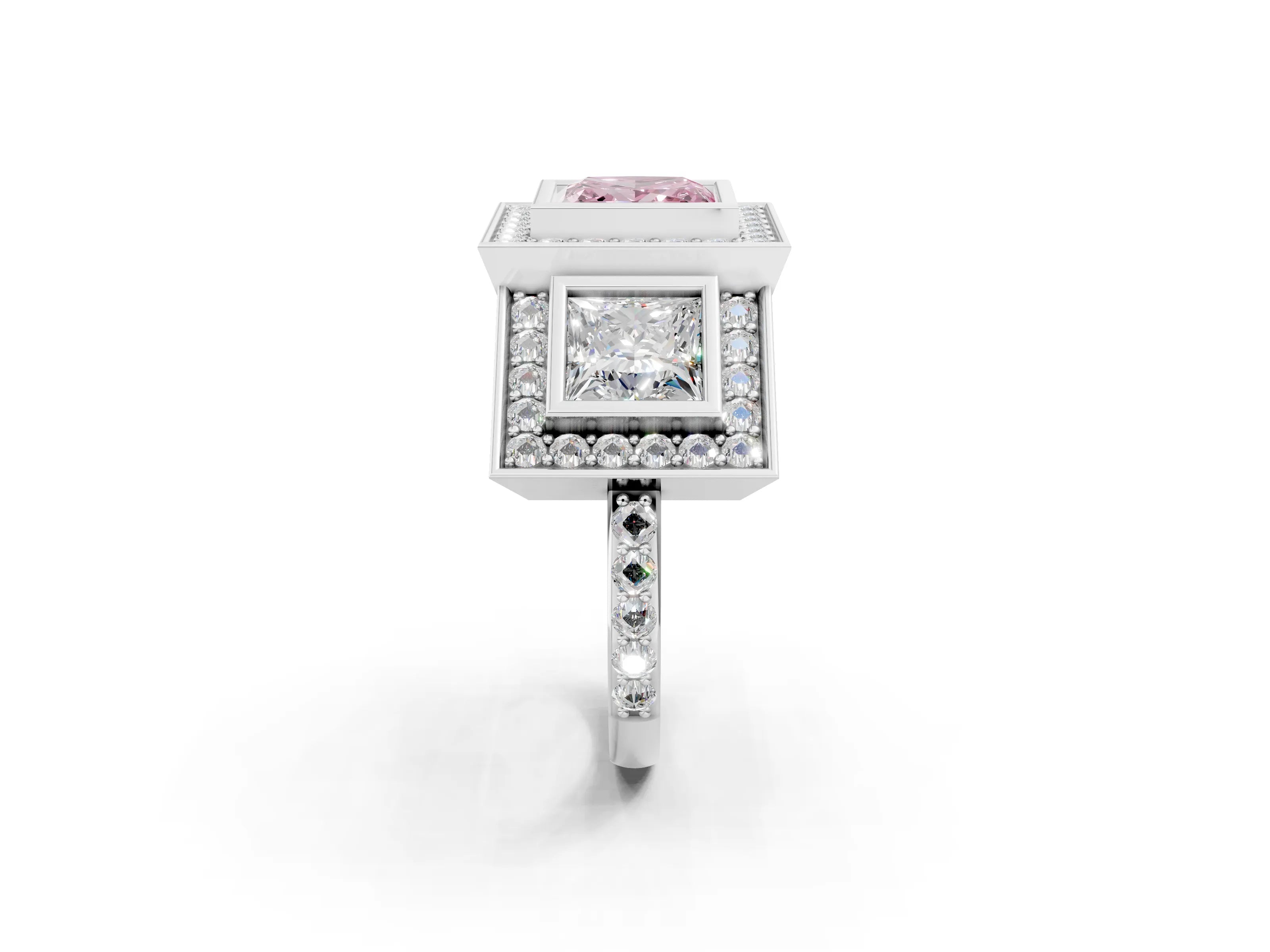 White gold Three-Stone Fancy Pink Princess Cut Halo Pavé Diamond Ring_2