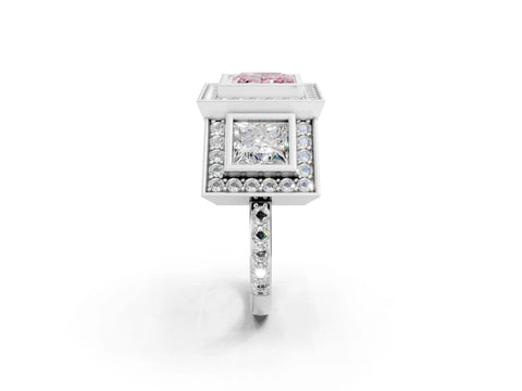White gold Three-Stone Fancy Pink Princess Cut Halo Pavé Diamond Ring_2