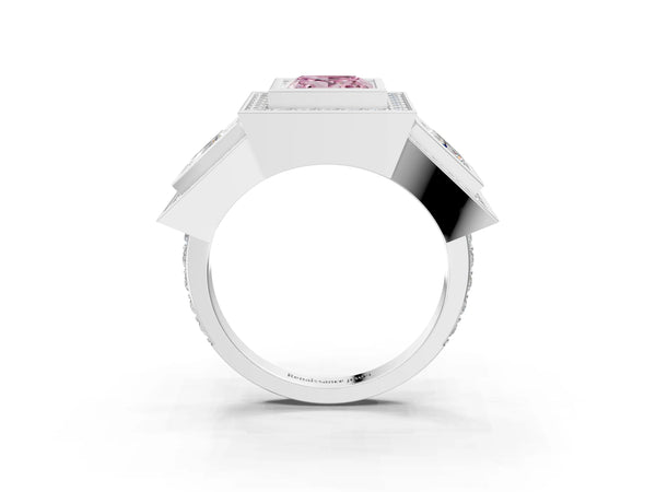 Platinum Princess Cut Bezel Three Stone Halo Engagement Ring Setting for Fancy Pink Center