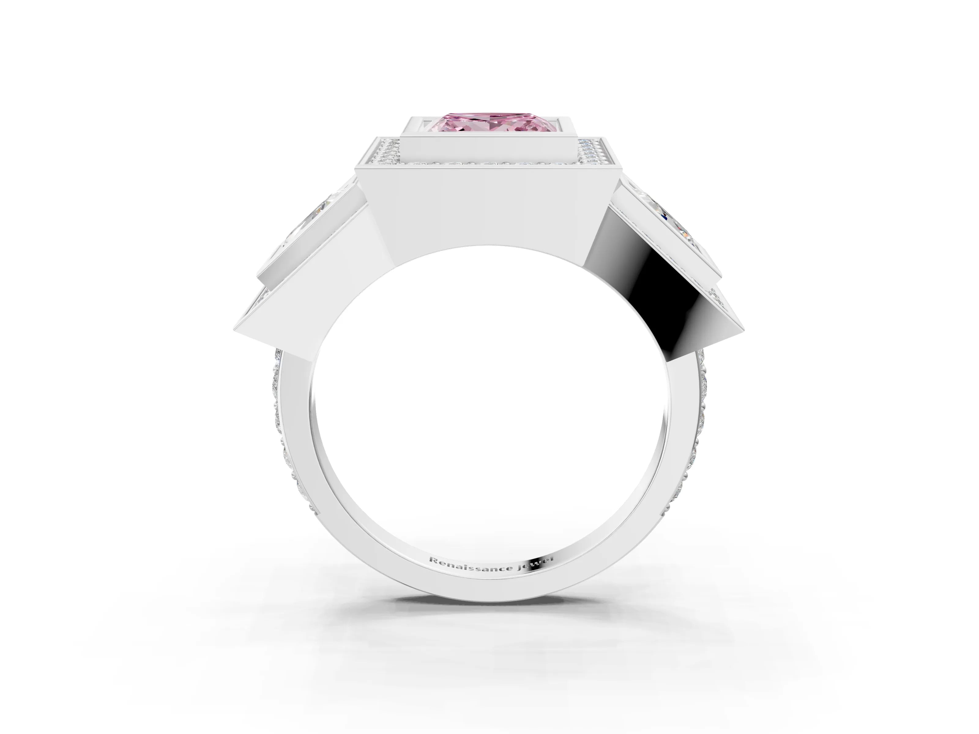 White gold Three-Stone Fancy Pink Princess Cut Halo Pavé Diamond Ring_3