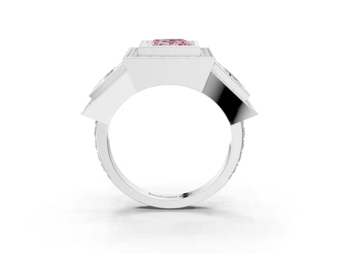 White gold Three-Stone Fancy Pink Princess Cut Halo Pavé Diamond Ring_3