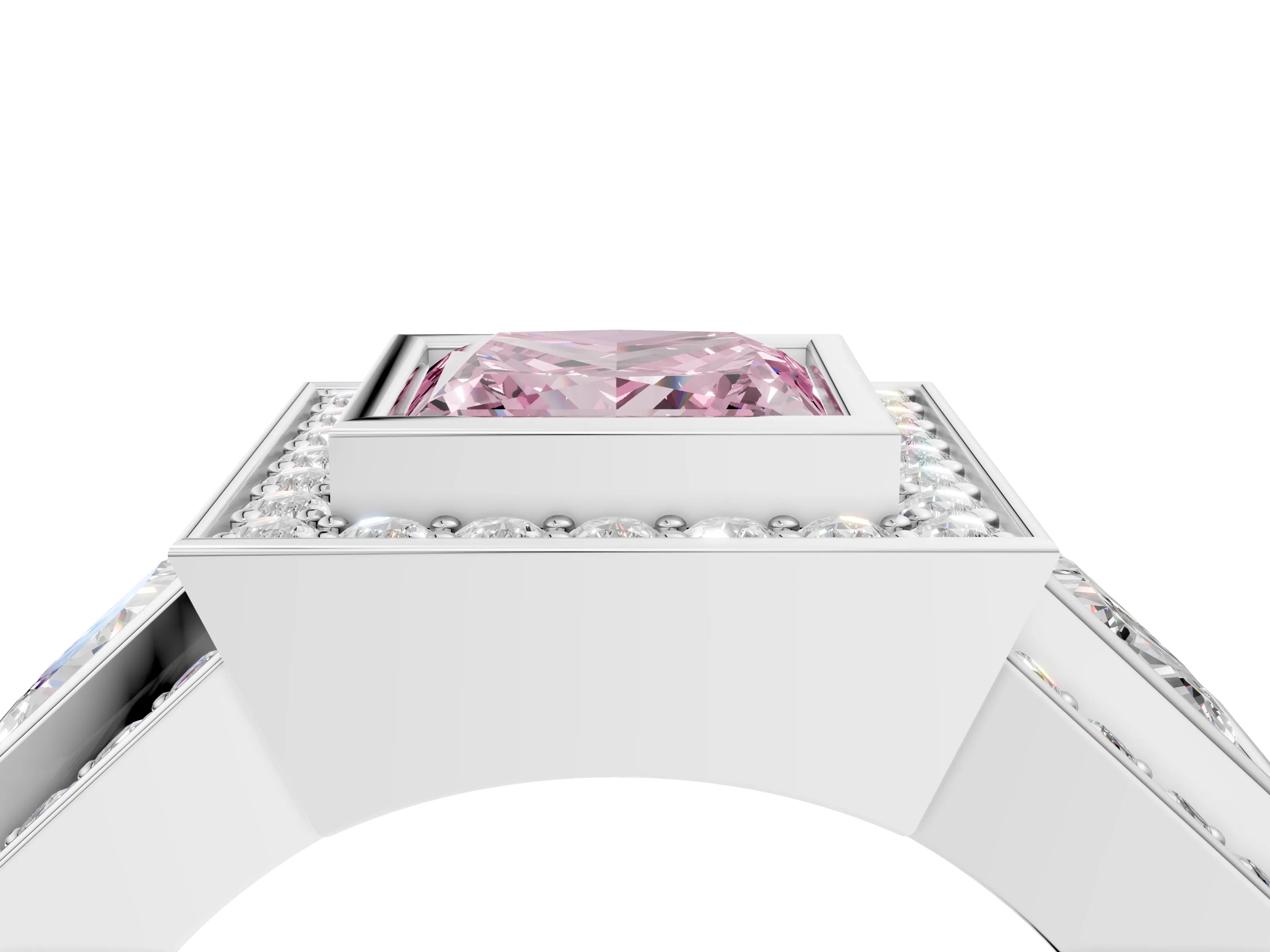 White gold Three-Stone Fancy Pink Princess Cut Halo Pavé Diamond Ring_4