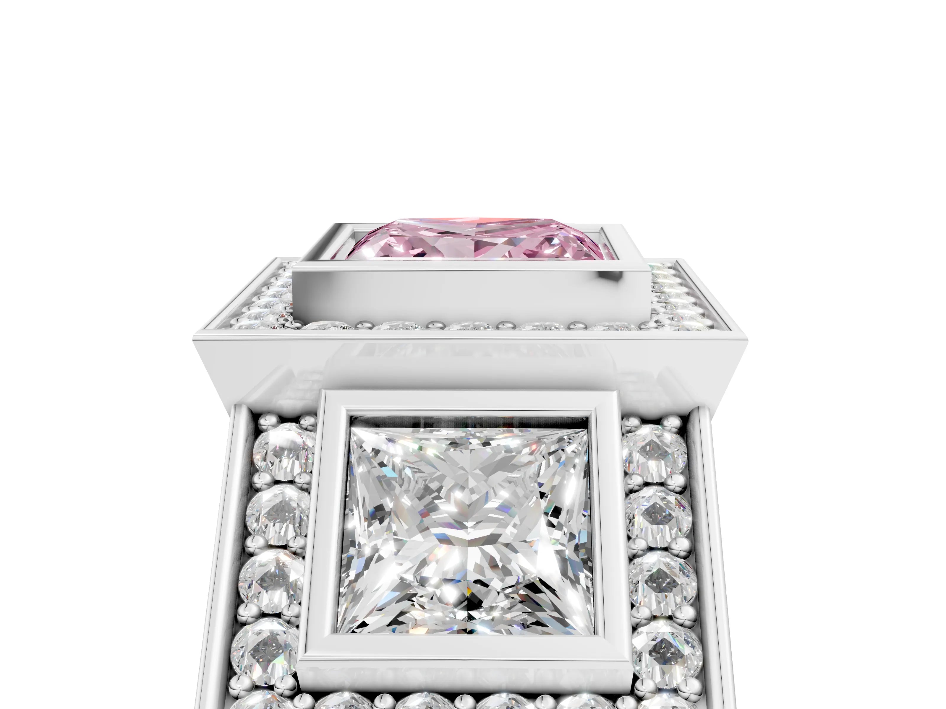White gold Three-Stone Fancy Pink Princess Cut Halo Pavé Diamond Ring_5