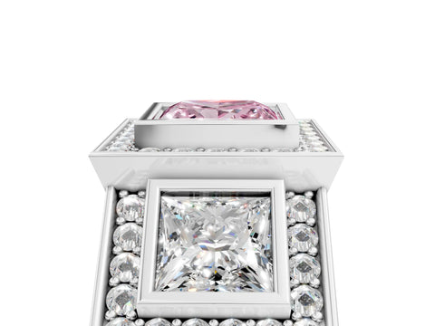 White gold Three-Stone Fancy Pink Princess Cut Halo Pavé Diamond Ring_5