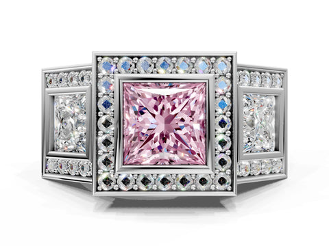 White gold Three-Stone Fancy Pink Princess Cut Halo Pavé Diamond Ring