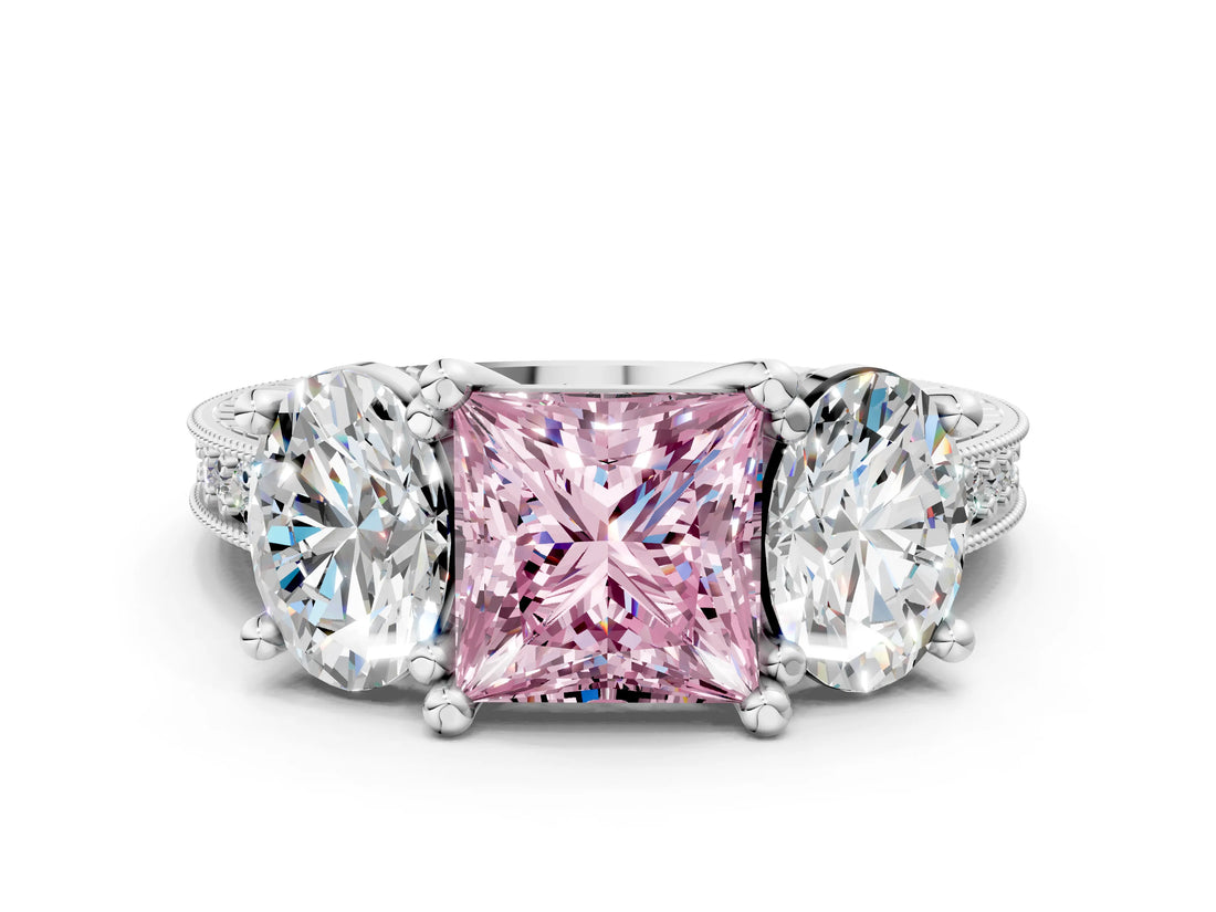 White gold Three-Stone Fancy Pink Princess  Diamond Milgrain Pave Band with Prong Setting 1