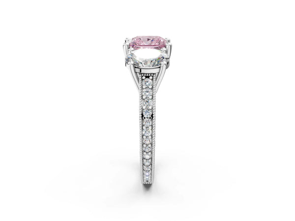 White gold Three-Stone Fancy Pink Princess  Diamond Milgrain Pave Band with Prong Setting
