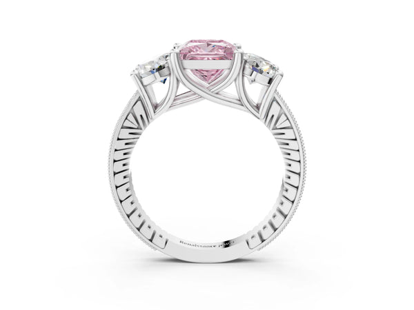 White gold Three-Stone Fancy Pink Princess  Diamond Milgrain Pave Band with Prong Setting
