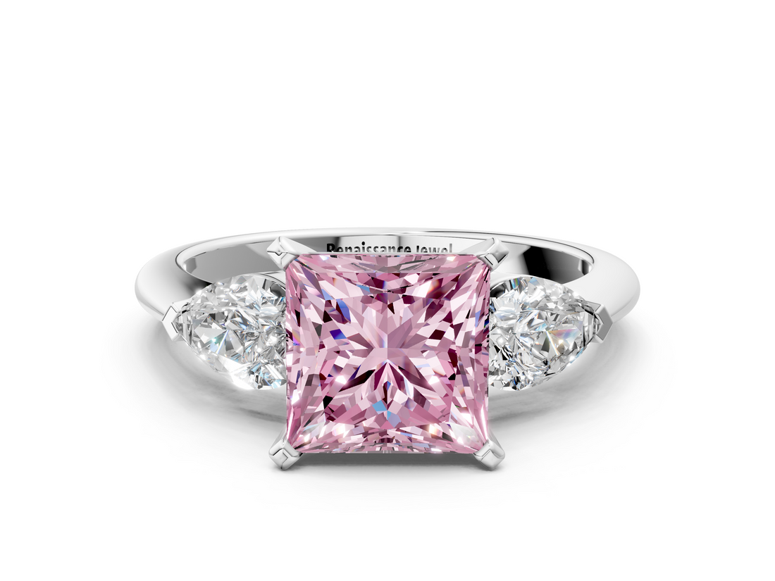 White gold Three-Stone Fancy Pink Princess  Diamond Ring with Pear Side Stones in Four-Prong Setting