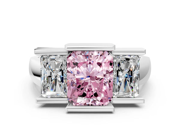 Platinum Radiant Cut Channel Set Three Stone Engagement Ring Setting for Fancy Pink Center