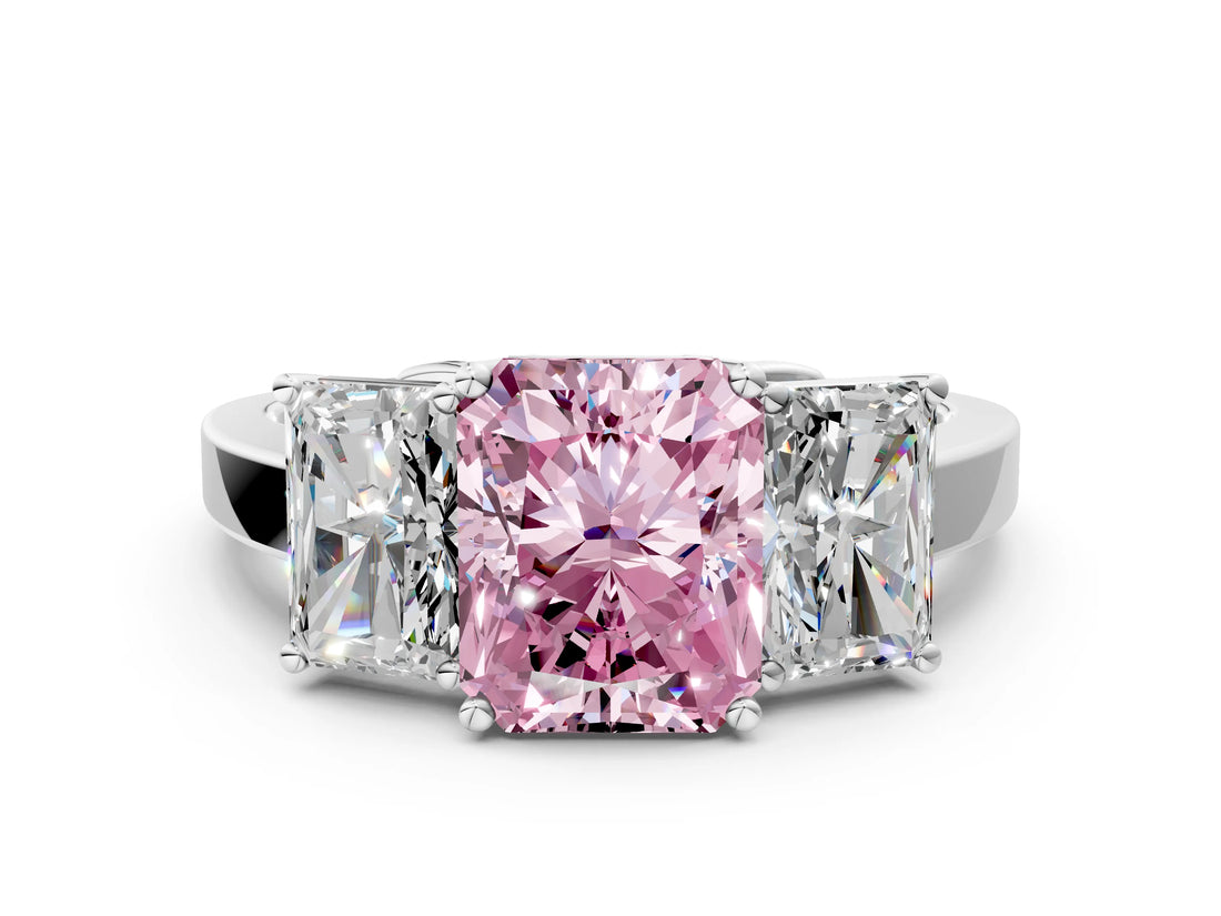 White gold Three-Stone Fancy Pink Radiant Cut Cut Diamond Engagement Ring with Flat Band and Four-Prong Setting_12