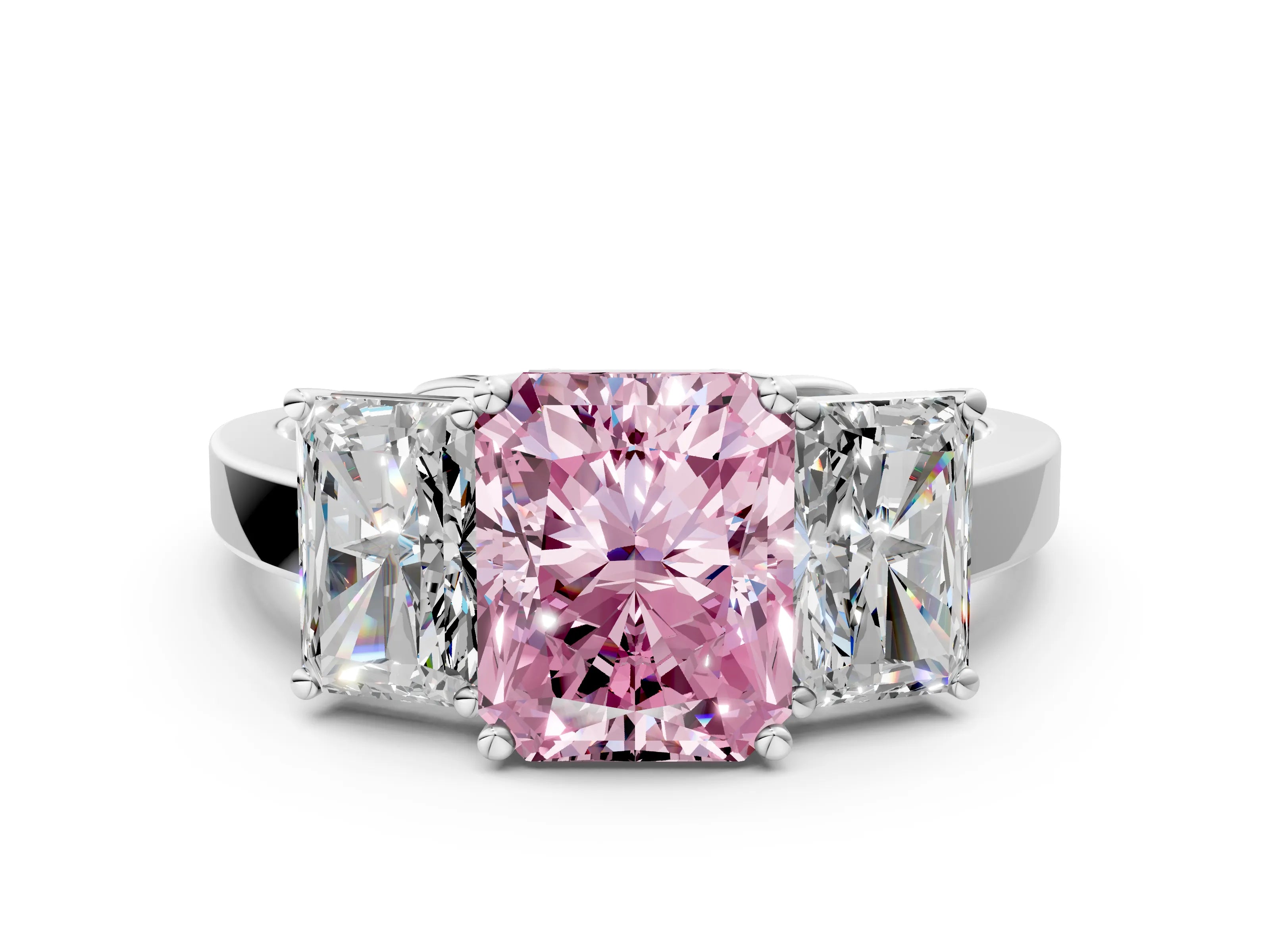 White gold Three-Stone Fancy Pink Radiant Cut Cut Diamond Engagement Ring with Flat Band and Four-Prong Setting_12