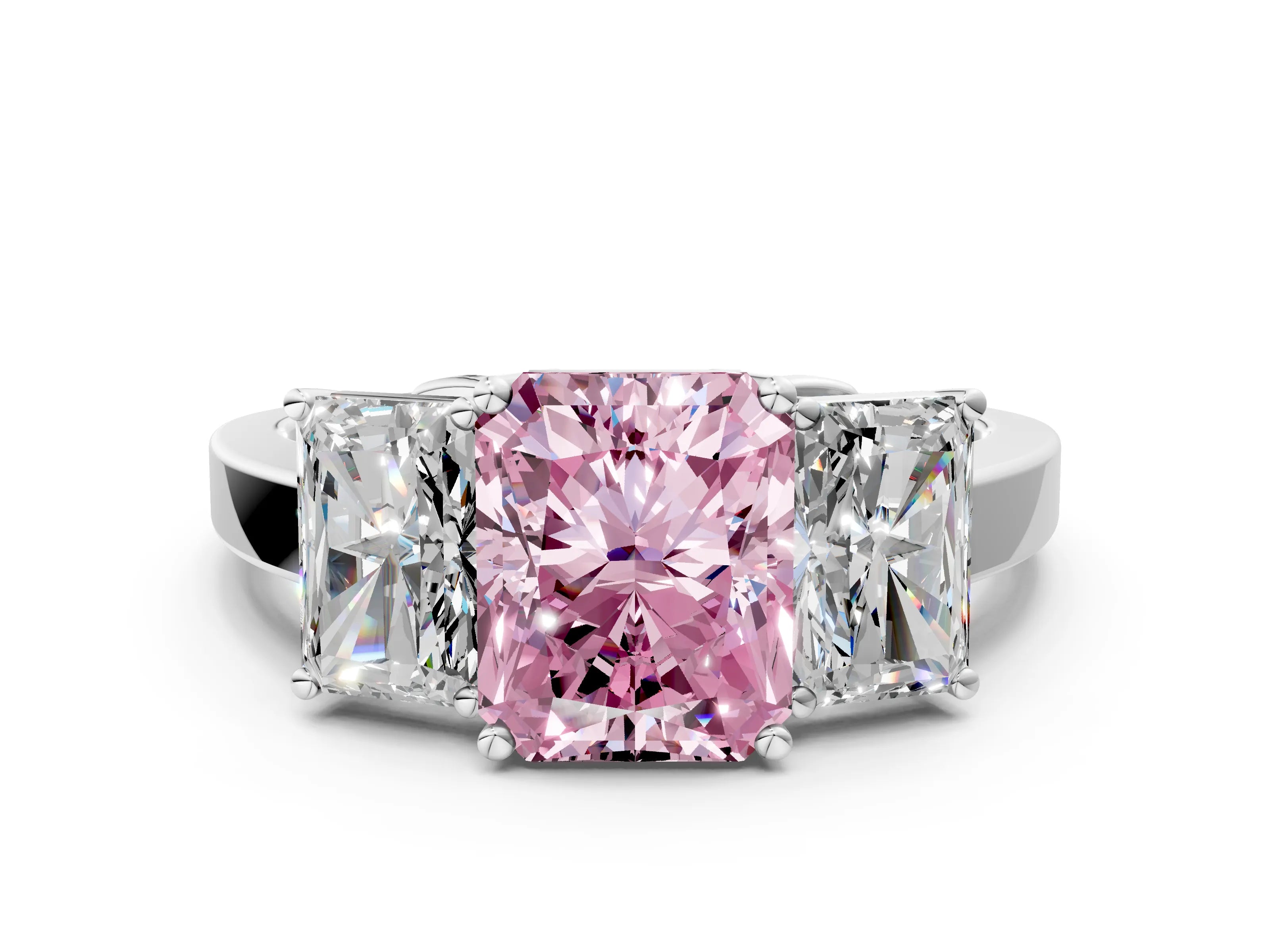 White gold Three-Stone Fancy Pink Radiant Cut Cut Diamond Engagement Ring with Flat Band and Four-Prong Setting