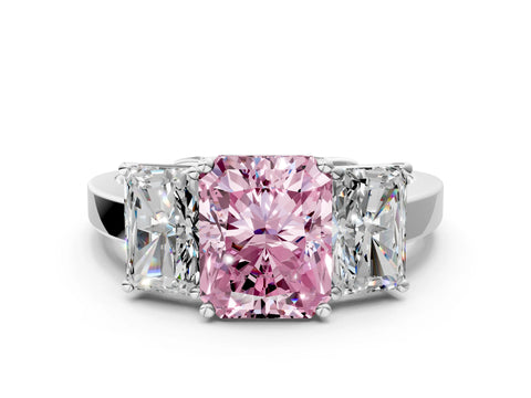 White gold Three-Stone Fancy Pink Radiant Cut Cut Diamond Engagement Ring with Flat Band and Four-Prong Setting