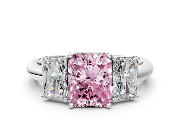 Platinum Three-Stone Fancy Pink Radiant Cut Cut Diamond Engagement Ring with Prong Setting on a White Gold Band
