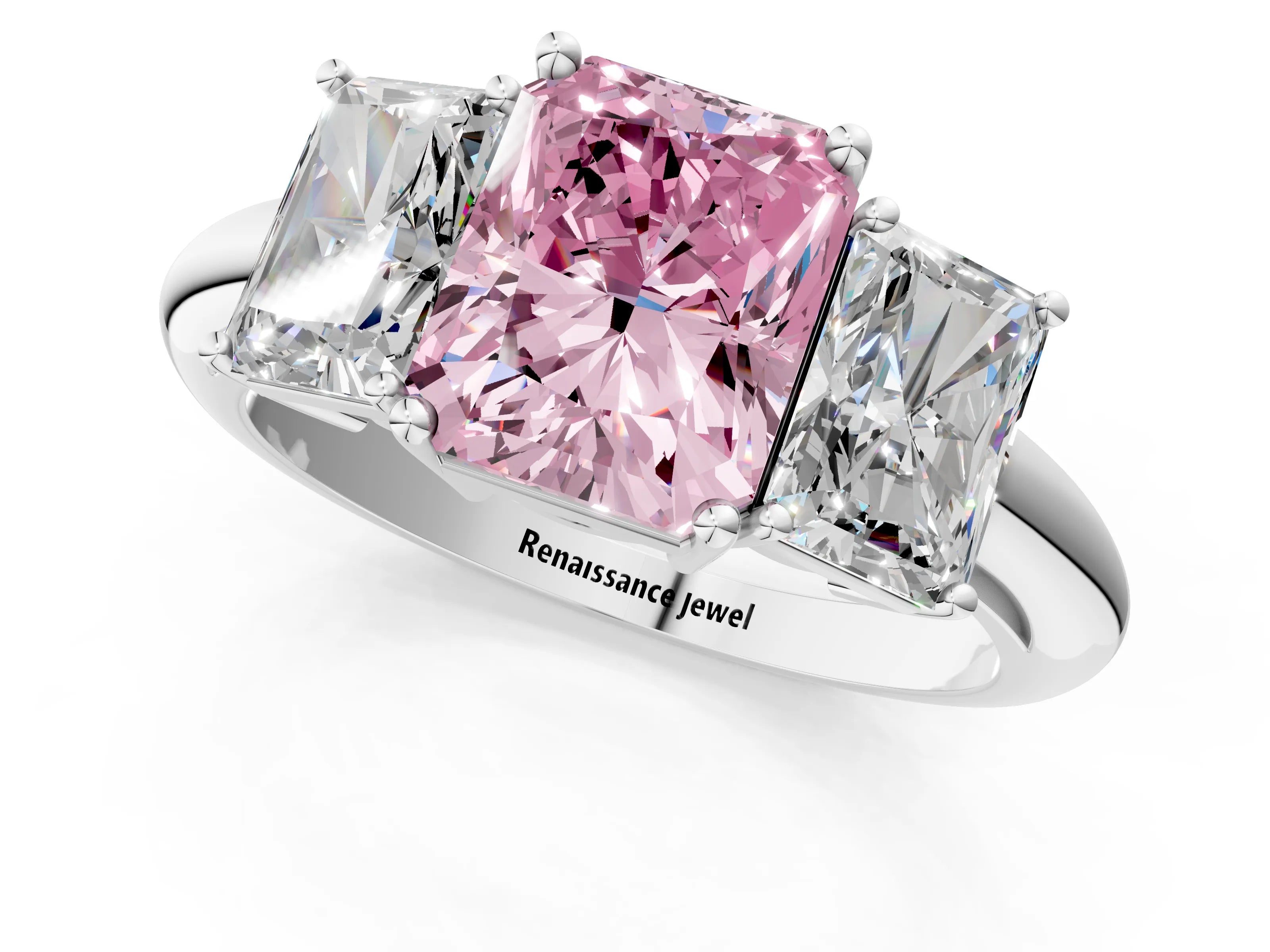 White gold Three-Stone Fancy Pink Radiant Cut Cut Diamond Engagement Ring with Prong Setting on a White Gold Band_13