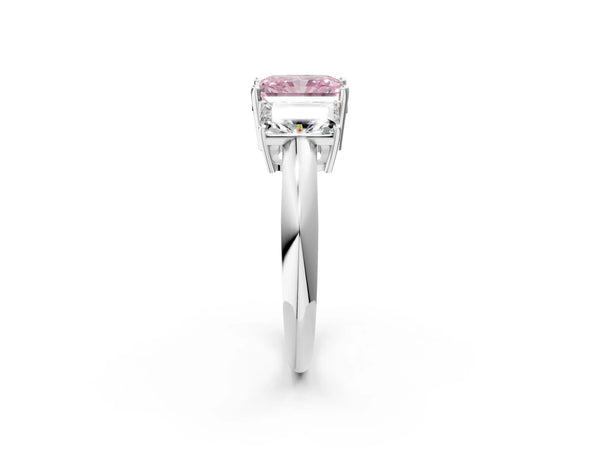 Platinum Three-Stone Fancy Pink Radiant Cut Cut Diamond Engagement Ring with Prong Setting on a White Gold Band