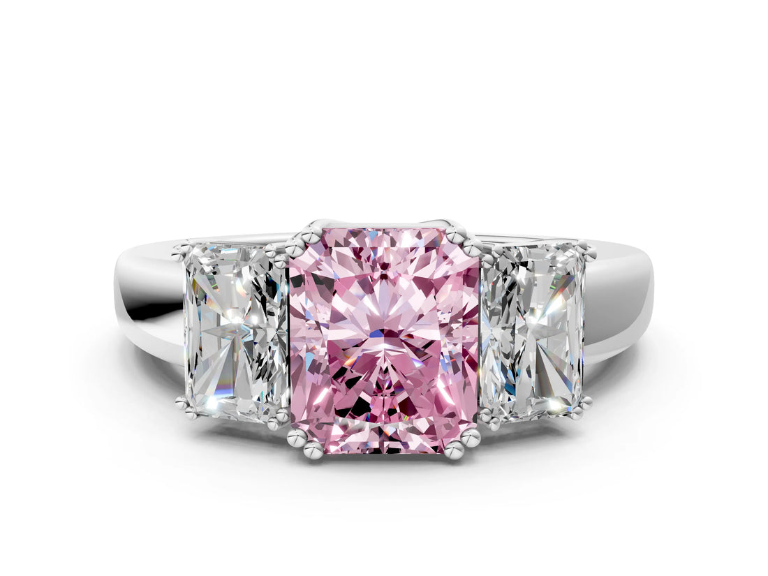 White gold Three-Stone Fancy Pink Radiant Cut Cut Diamond Ring with Channel Set Band and Four-Prong Setting_132