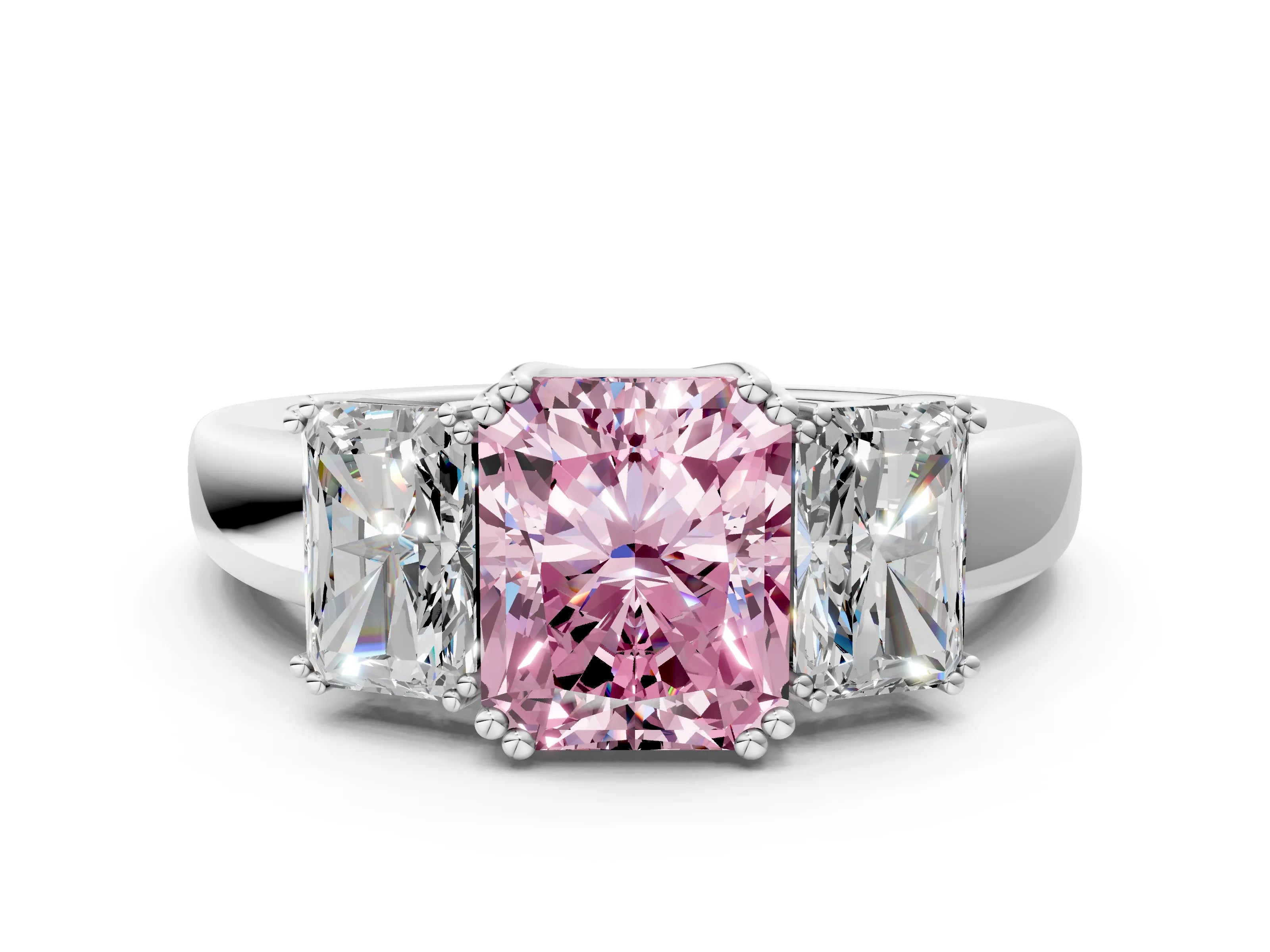 White gold Three-Stone Fancy Pink Radiant Cut Cut Diamond Ring with Channel Set Band and Four-Prong Setting