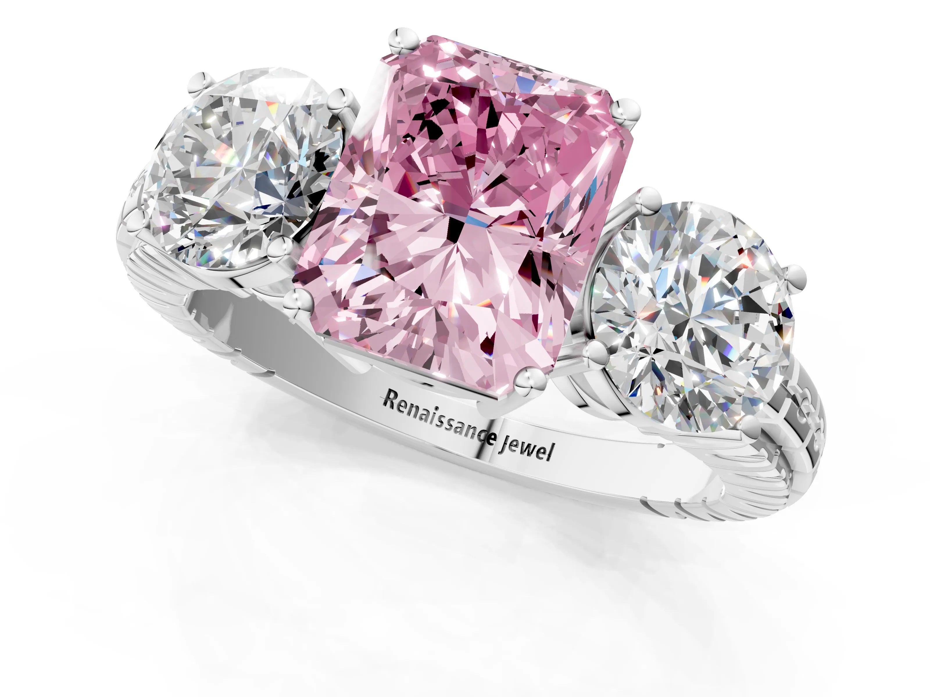 White gold Three-Stone Fancy Pink Radiant Cut Cut Diamond Ring with Channel-Set Band and Prong Setting_1