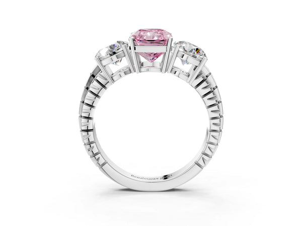 White Gold Radiant Cut Three-Stone Engagement Ring Setting for Fancy Pink Center with Engraved Band